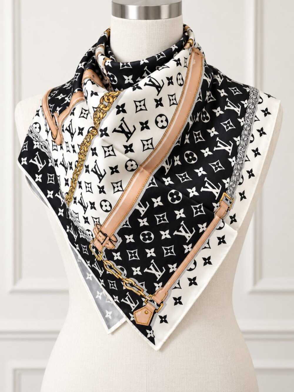 Luxury Monogram Print Silk Scarf Black White Gold Chain Belt Design